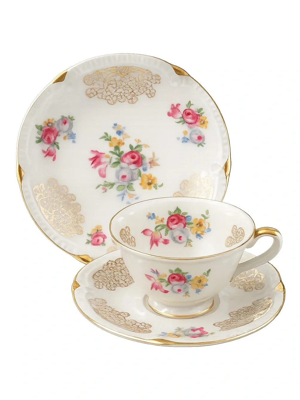 Vintage Seltmann Weiden Germany U.S. Zone Tea Cup Saucer Dessert Plate Trio Gold